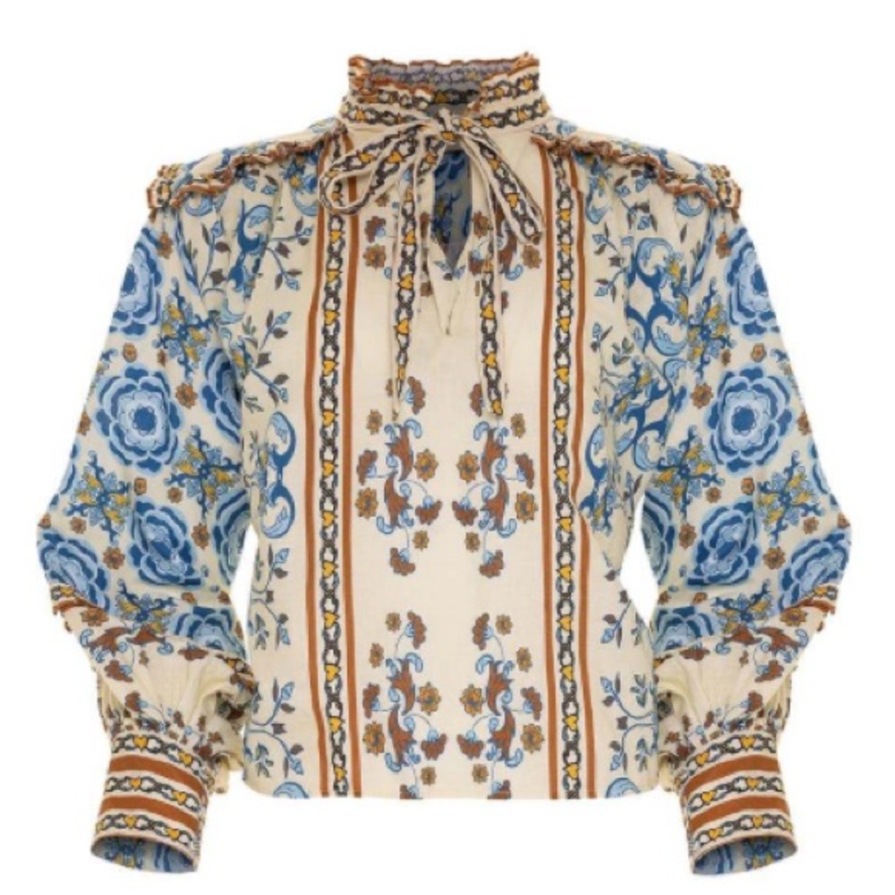 Carolina K Celestial Tiles Floral Blue & White Top, Size XS A-24